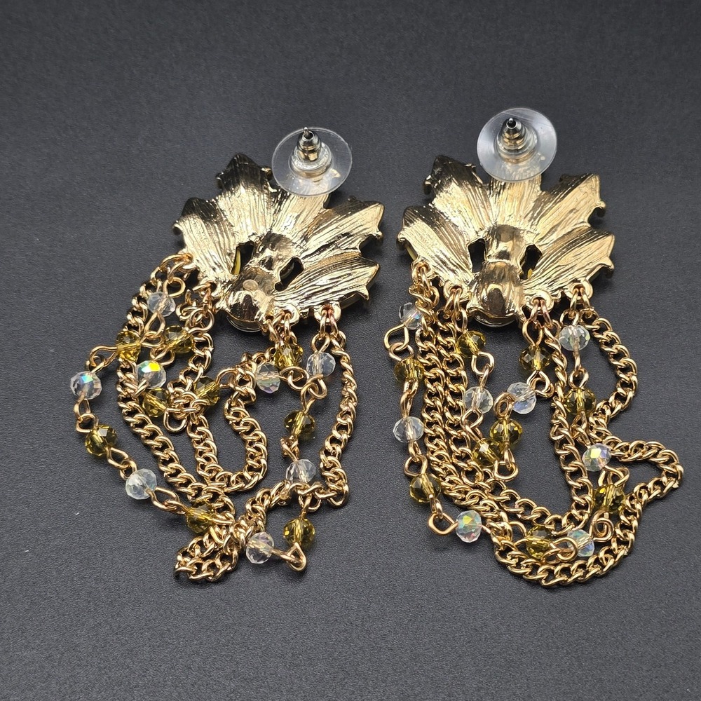 Yellow Rhinestone Chain Earrings Dangle Flower - Picture 3 of 8